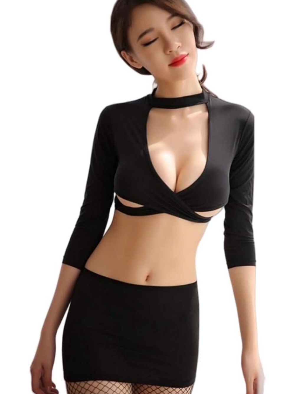 New Women’s Small Sexy Black Cut-Out Crop Top and Mini Skirt Cosplay Set